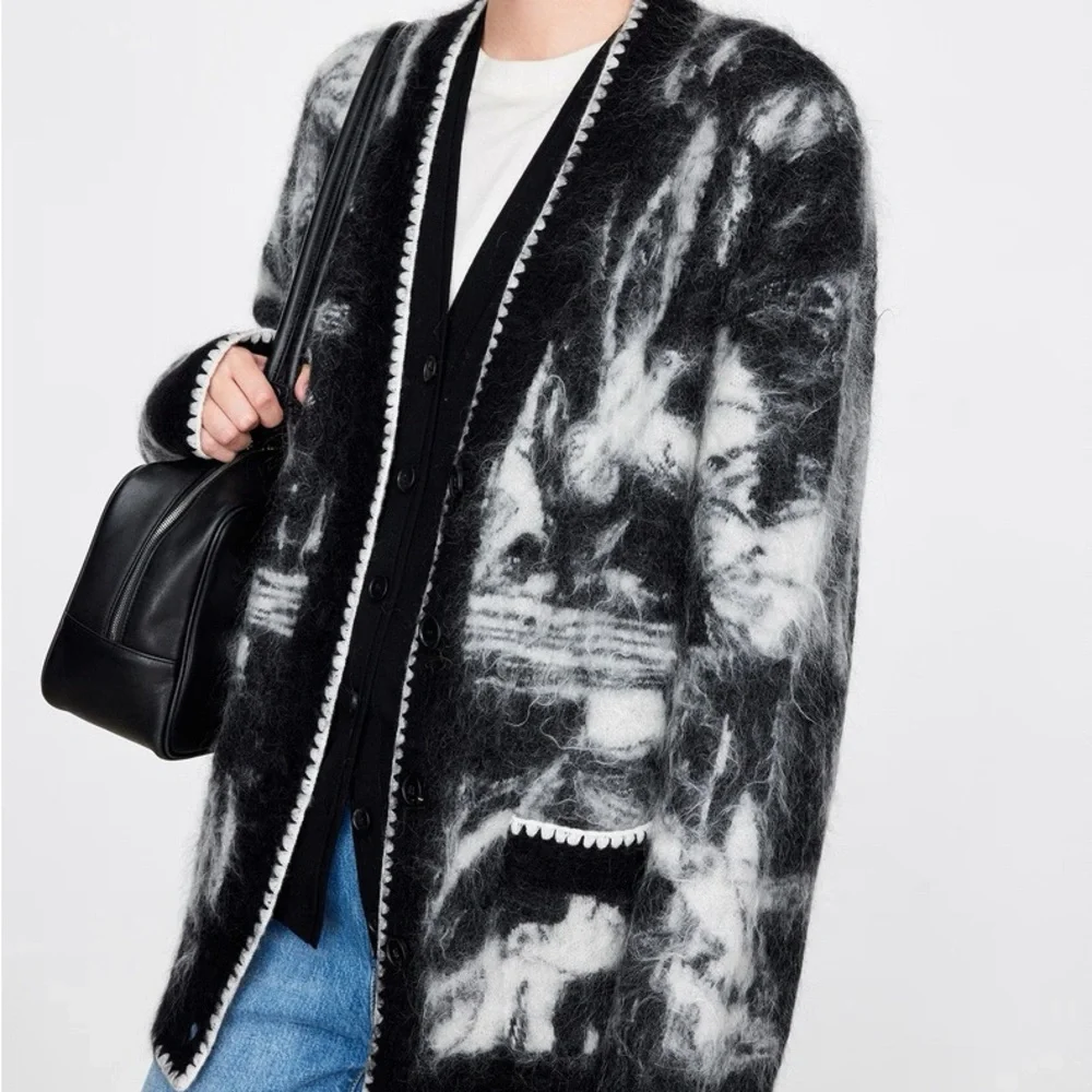 CHICJOC Luxury Mohair Blend Cardigan – Abstract Knit – Size 36